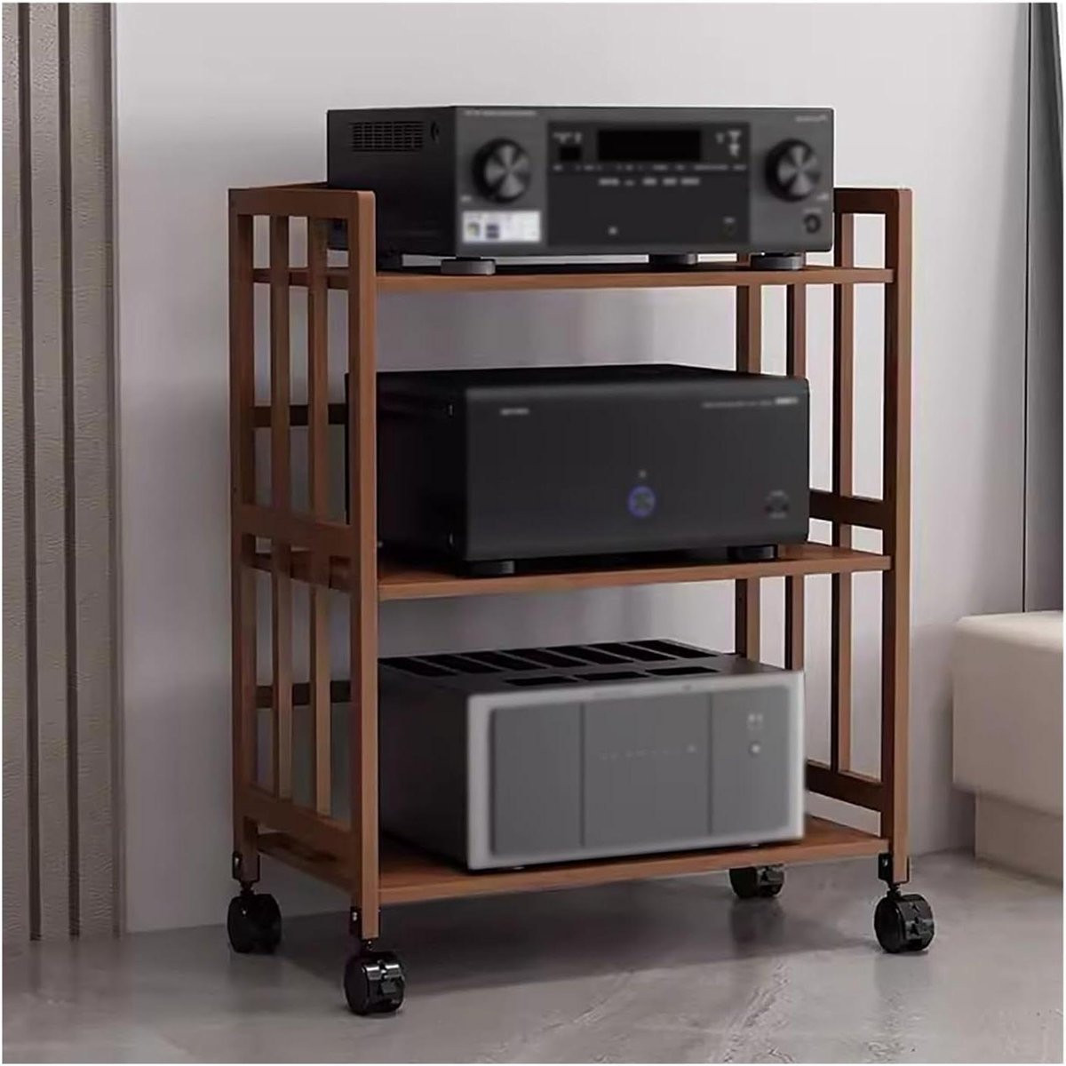Modern Opbergrek Stereo Kast met Verstelbare Planken en Media Compartimenten, 3 Lagen, Zwart
