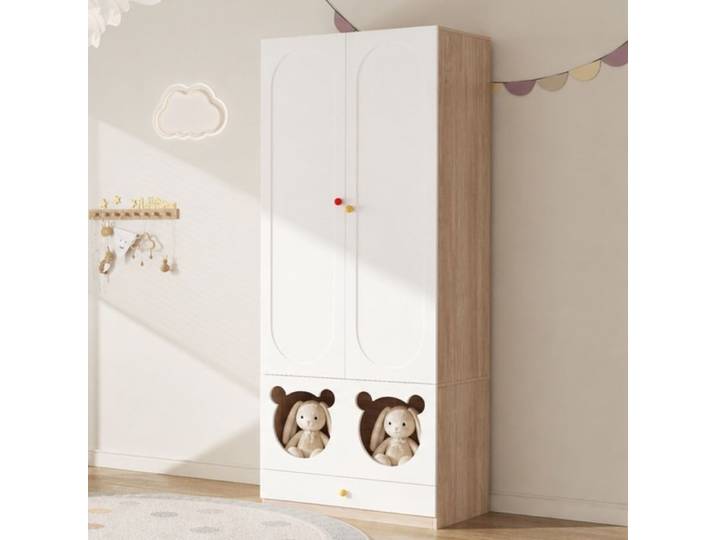 Armoire à deux portes Vestiaire pour enfants Mobilier de chambre pour enfants Avec barre de vêtements et tiroirs