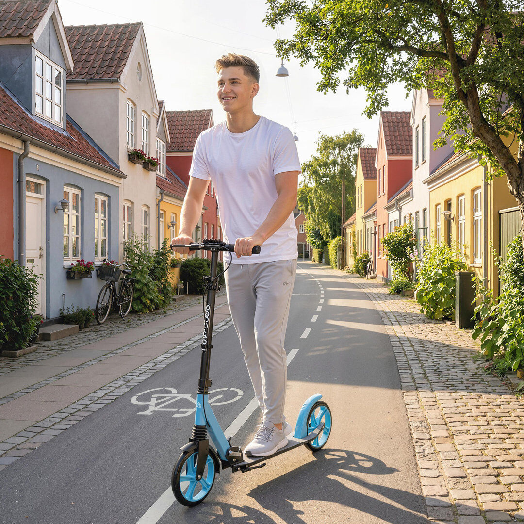 HOMCOM One-click Folding Kick Scooter for 14+ w/ Adjustable Handlebar Blue/Black