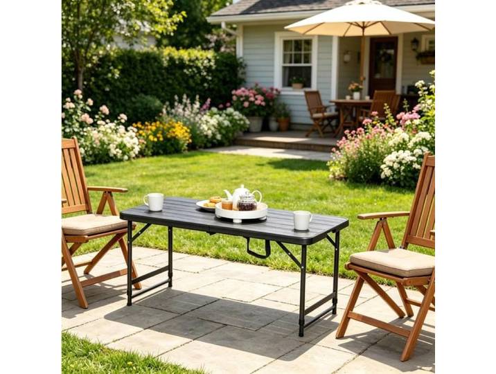 Table de Jardin Pliante Réglable en Hauteur avec Poignée de Transport pour 4 Personnes en HDPE et Acier Noir