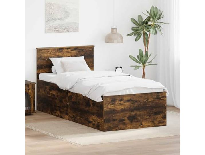 RJPLMFV Bettgestell, rauchige Eiche, 90 x 200 cm, Holz Mit Kopfteil, steifer Lattenrost, modernes Design, für Schlafzimmer im Innenbereich