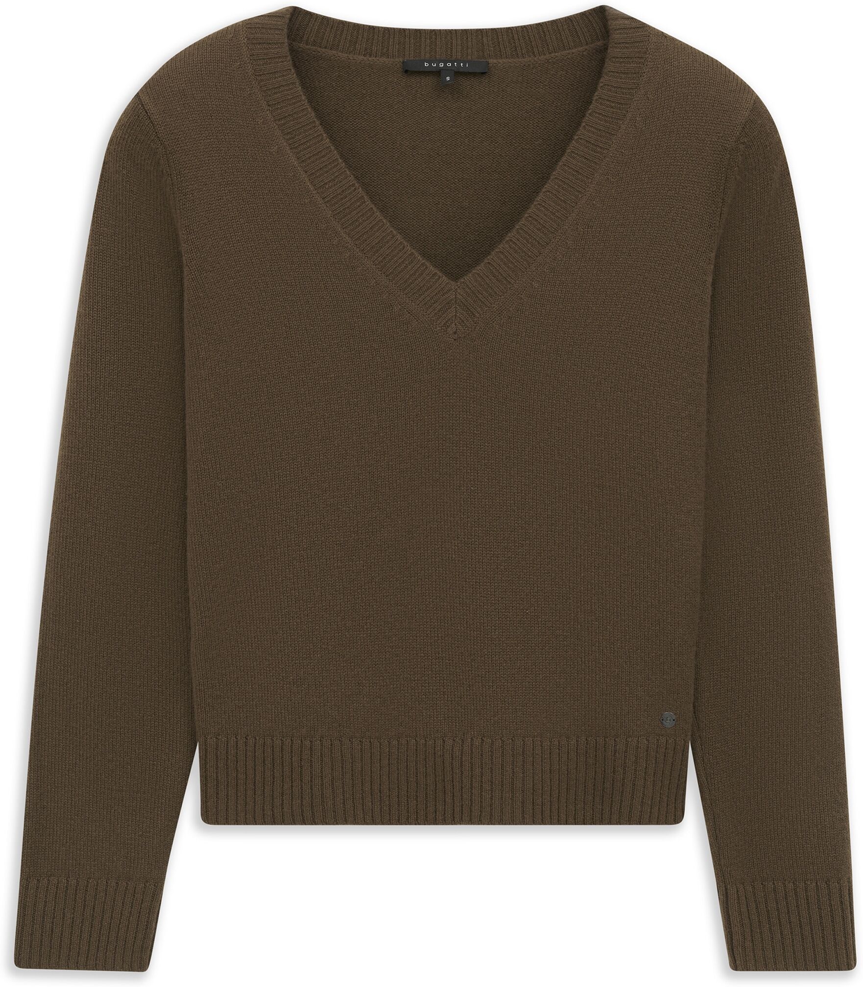 V-Ausschnitt-Pullover BUGATTI "Regular Fit", Damen, Gr. XS, braun (180, oliv), 100% Kaschmir, meliert, regular fit, V-Ausschnitt, Pullover V-Ausschnitt-Pullover, Kaschmir V-Ausschnitt 180, oliv XS