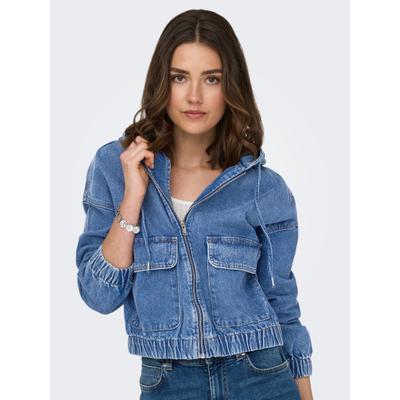 Jeansjacke ONLY "ONLKENZIE – Jeansblouson mit Kapuze und Reißverschluss", Damen, Gr. S, blau (medium blau denim), Denim/Jeans, Obermaterial: 100% Baumwolle, unifarben, elastischer Bund, Jacken Jeansjacke, unifarben, modisch, regular fit, Denim, Kapuze