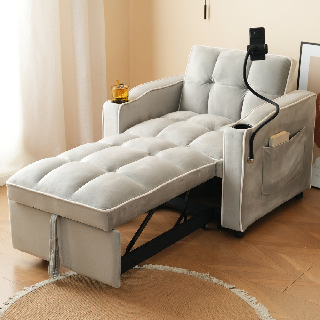 George Oliver 3-in-1 Velvet Accent Chairs Bed With Cup Holders - Space-saving Sleeper Chair For Small Spaces Grey 83;76cm H X 83cm W X 75cm D