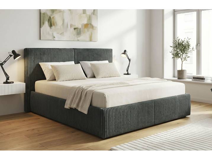 Polsterbett GOODPRODUCT AVVRA wahlweise mit Lattenrost und King-Matratze H3 (28cm) , dunkelgrau, B:201cm H:118cm L:220cm, Betten, Polsterbett, mit flauschigen Breitcord-Bezug, Liegefläche 180x200cm
