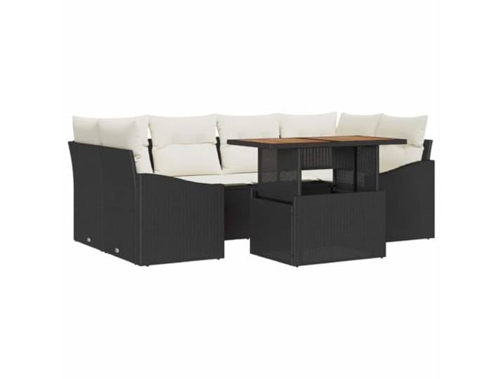 GFMGUEMV Poly Rattan Gartentischset mit Stauraum, 7-teiliges Esszimmer-Set für Außenbereich, bestehend aus Zwei Armsofas, Zwei Ecksitzen, Mittelsitzen und Tisch in Schwarz und Creme