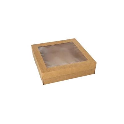 300x Transport- und Catering-Kartons, Pappe eckig 22,5 x 22,5 cm braun mit separatem Deckel und Sichtfenster aus PET