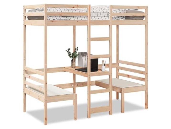 RJPLMFV Hochbett, 75 x 190 cm, massives Kiefernholz, mit Schreibtisch und Stühlen