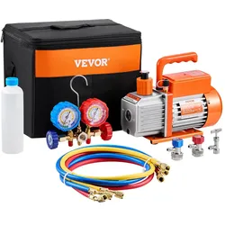 VEVOR 3,5 CFM AC-Vakuumpumpe und Manometer-Set, einstufige Drehschieber-HVAC-Luftvakuumpumpe, A/C-Kältemittelverteiler-Manometer-Kit, mit Schläuchen, Klimaanlagenkühlung für R134a, R12, R22, R502a