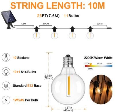 Outdoor Solar Garden Lights Solar String Light Outdoor, Waterproof Globe Solar Patio Lights With Remote, Dimmable Hanging Lights For Backyard 7.6m(25ft) 10bulb with Remote Control