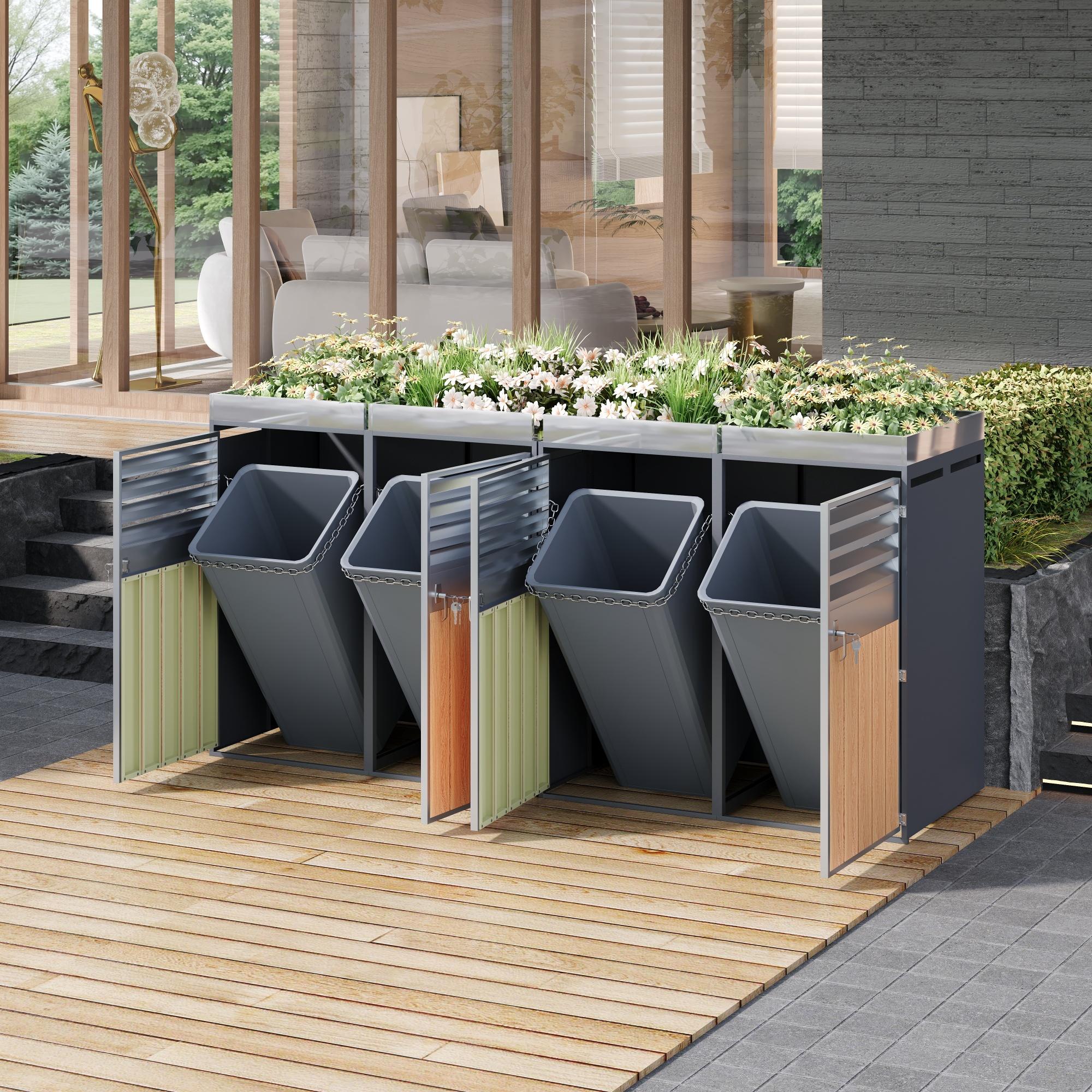 STILVORA Mülltonnenbox mit integriertem Pflanzbereich und dekorativem Design, Mülltonnenschrank mit Lamellen-Lüftungsöffnungen und Holzoptik, Mülltonnenverkleidung mit 4 abschließbaren Türen und separaten Einheiten, Grau
