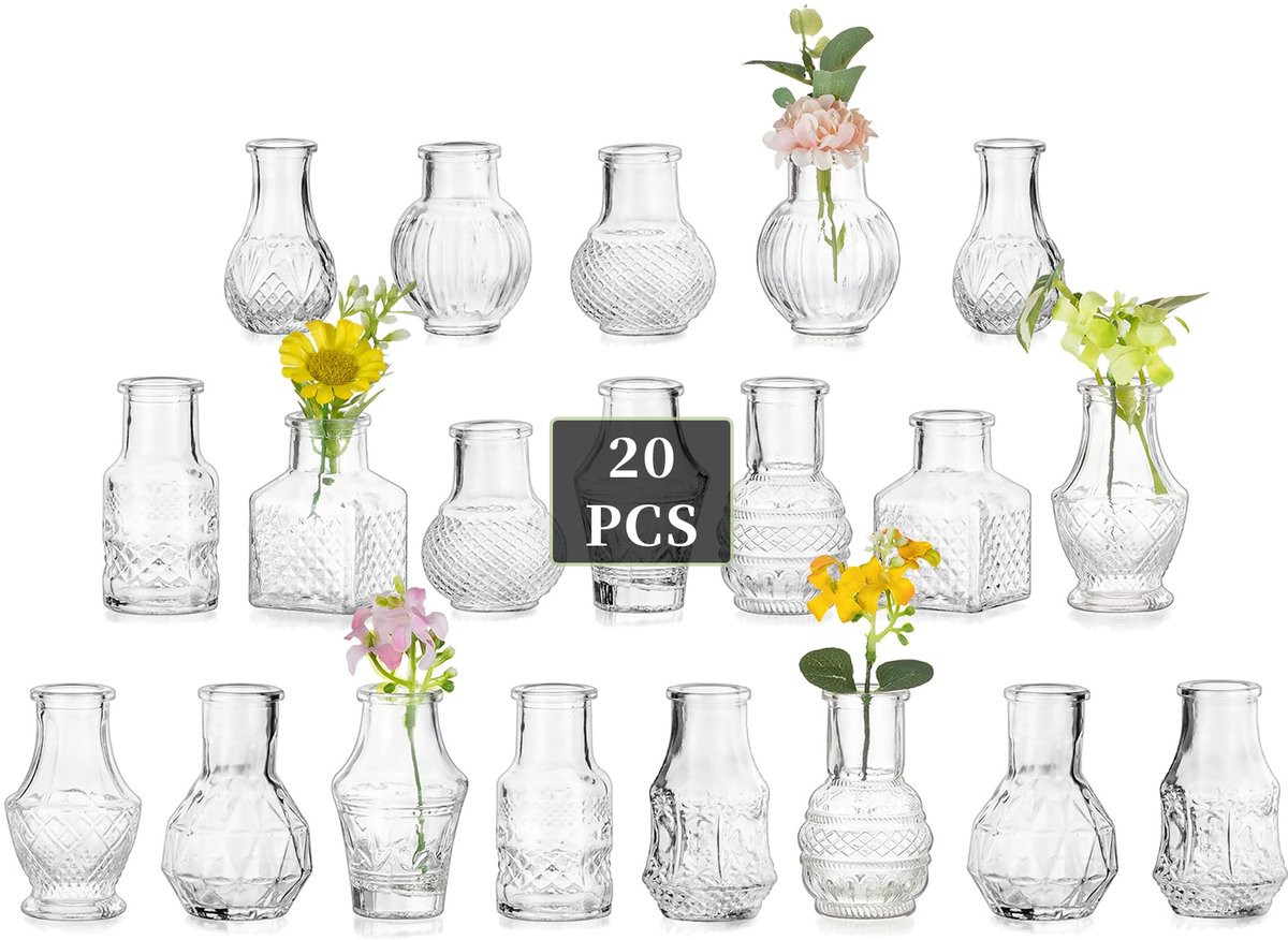 Set van 20 mini glazen vazen voor tafeldecoratie