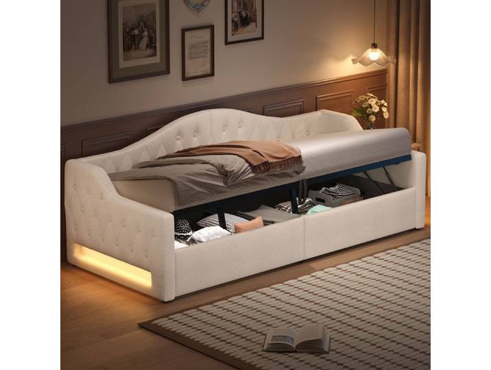 Lit - KOMHTOM - 90x200 - LED intégrée - Grand rangement sous-lit - Capacité 200 kg
