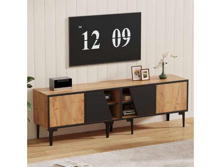 Meuble TV - MODERNLUXE - 160x36 5x45 cm - 2 portes - 4 étagères - 7 pieds - Panneaux de particules - Naturel + Noir