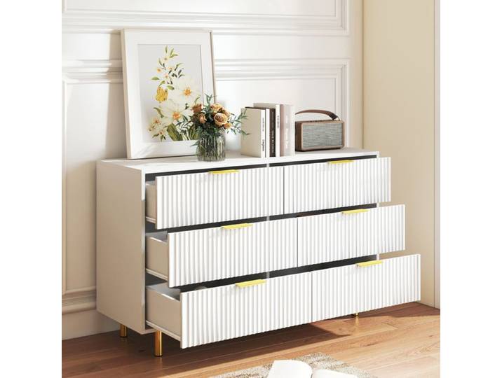 Commode - MINIMAL - W5093P399034 - 6 tiroirs gaufrés - Blanc - Poignées et pieds dorés