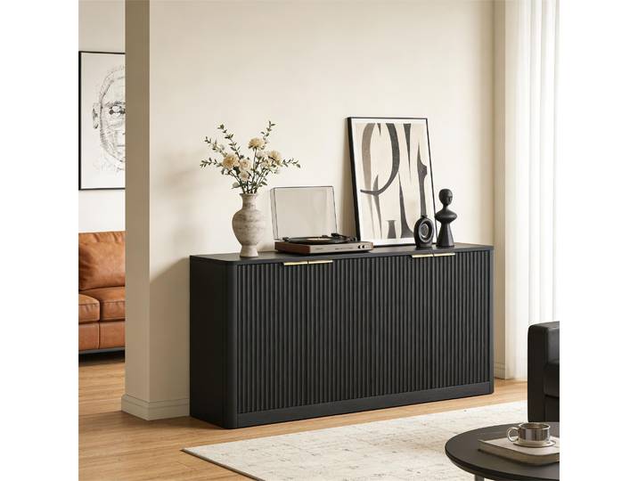 MODFU modernes Sideboard Aufbewahrungsschrank mit Wellenform 4-türiges Design Wohnzimmerschrank mit Stauraum und Metallgriff Schwarz
