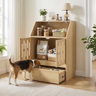 PawHut Dog Feeding Station Food Storage w/ 2 Elevated Bowls & Slow-Feed Mat, Pet Food Storage Cabinet Organizer, for Cats & Dogs