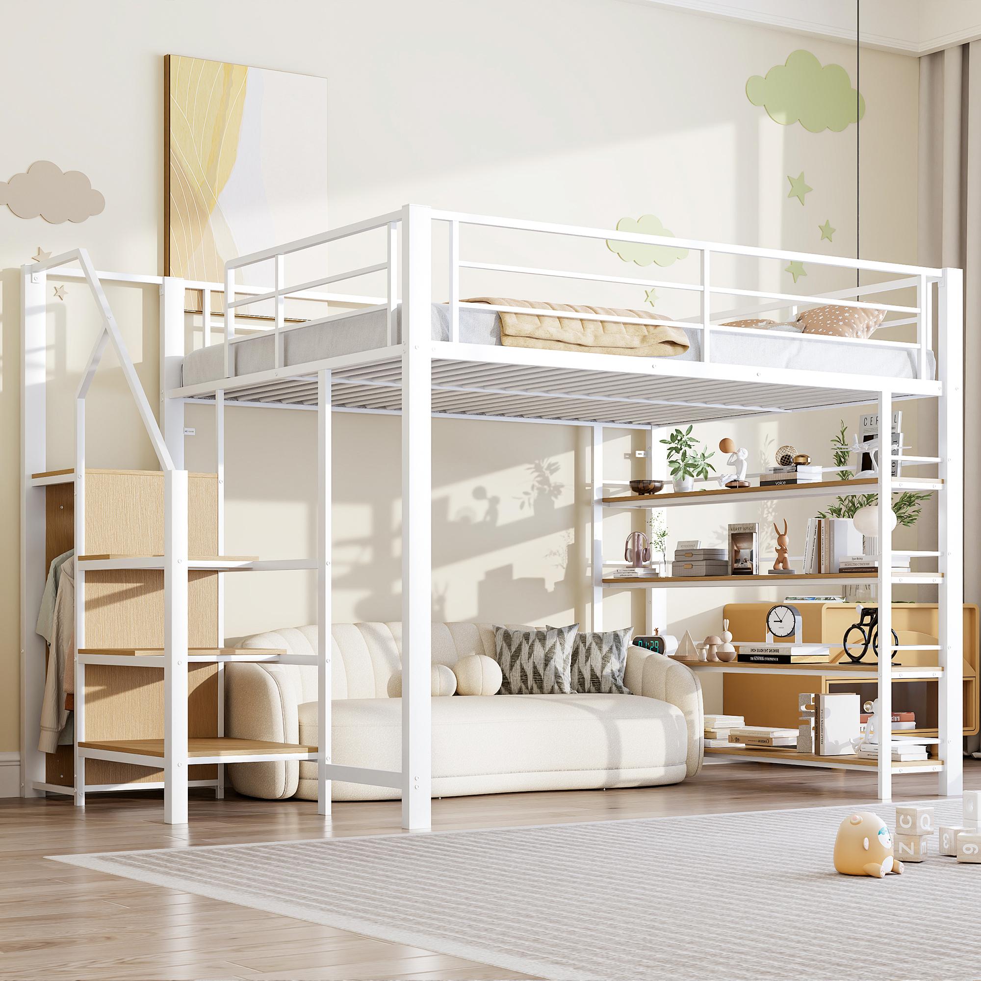 MODFU Hochbett 140x200 mit Sicherheitstreppe Jugendbett mit kleinem Kleiderschrank und Einlegeböden Bettgestell mit Stauraum ohne Matratze Weiße