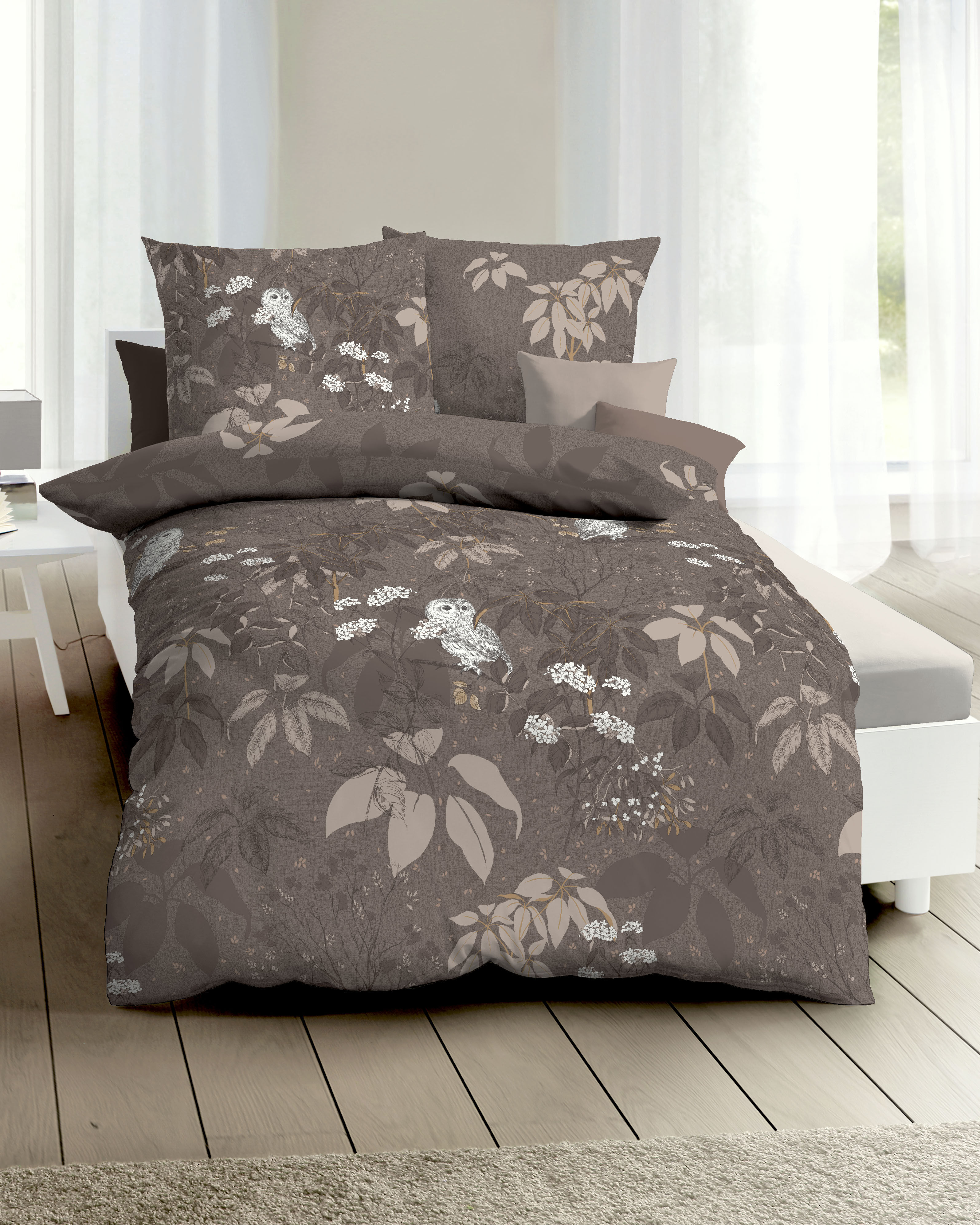 Bettwäsche KAEPPEL "Schneeeule", braun, B/L: 135cm x 200cm, Feinbiber, B/L: 80cm x 80cm, 2 Stk., Feinbiber, Obermaterial: 100% Baumwolle, Bettwäsche, Bettwäsche braun B/L: 135cm x 200cm, Feinbiber, B/L: 80cm x 80cm, 2 Stk.