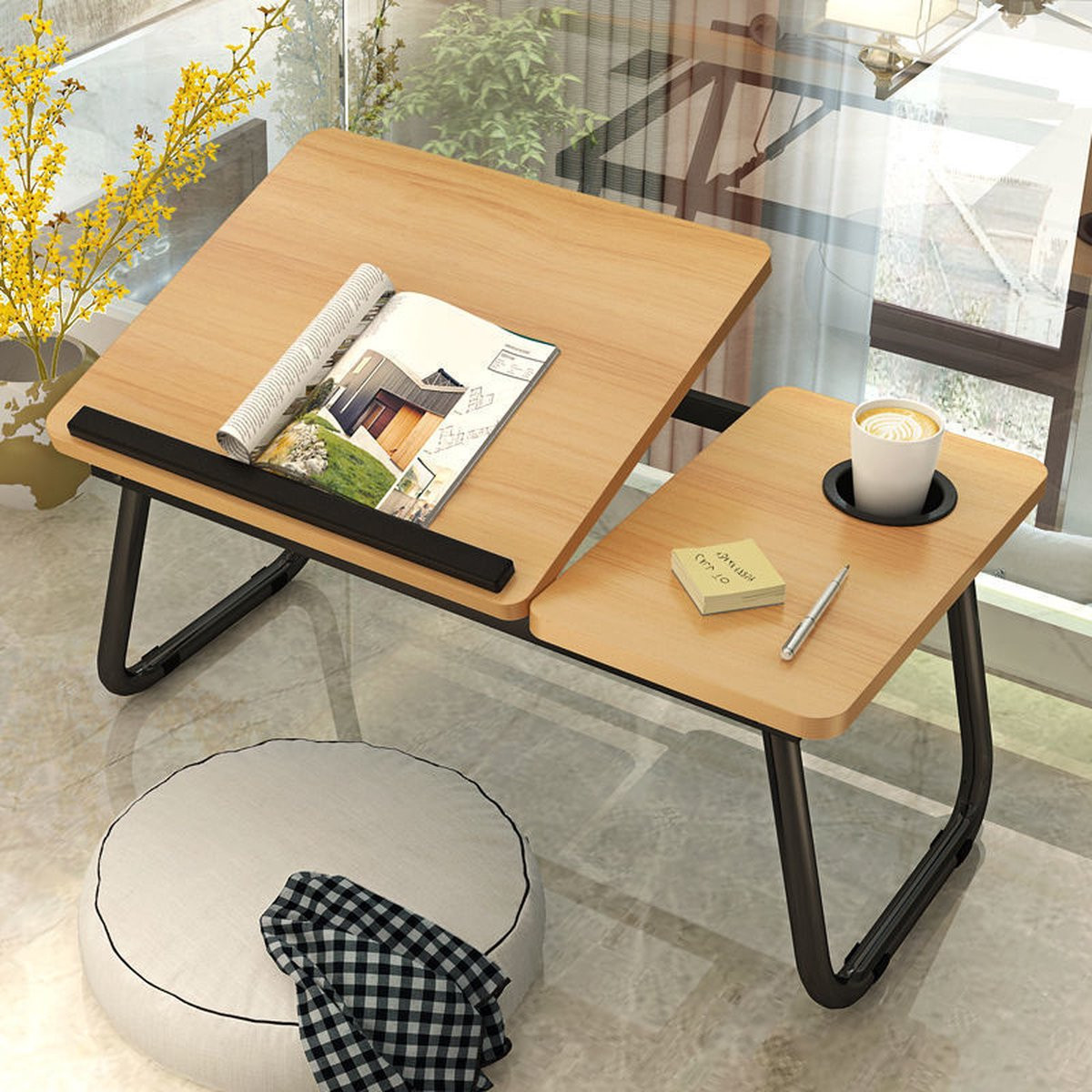 Verstelbare multifunctionele bedtafel met bekerhouder van hout en RVS