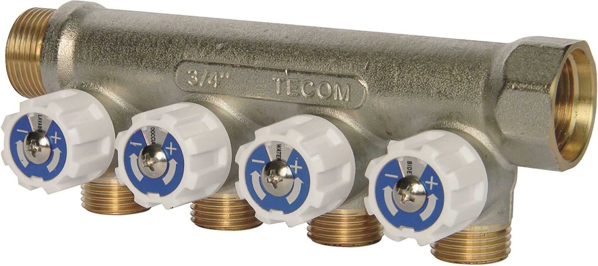 Tecom COLLETTORE SANITARIO  4 VIE M 1/2'' CON RUBINETTO INTERASSE 35 mm INGRESSO MF 3/4''