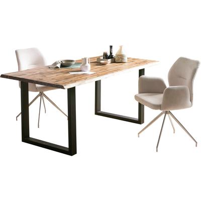 Esstisch SALESFEVER "Design Esstisch für stilvolles Ambiente", beige (natur, schwarz, schwarz, natur), B:140cm H:75cm T:80cm, Akazie, Metall, Tische, Esstisch, Doppelt lackierte Tischplatte für Langlebigkeit