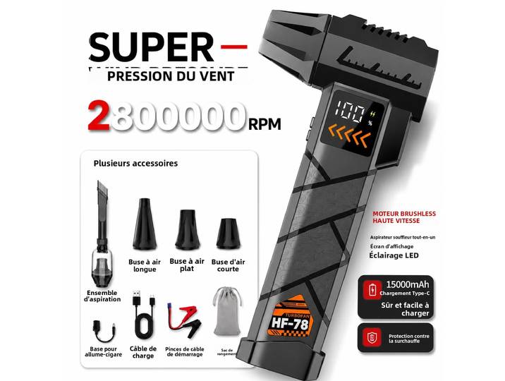 Souffleur à Jet Électrique Super Puissant 2800000RPM Sans Fil, Aspirateur à Air Comprimé, Alimentation d'Urgence pour Voiture