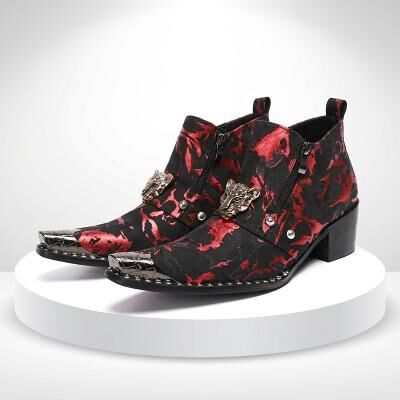 LightInthebox Men's Black Red Western Boots – Gothic Skull Cowboy Ankle Boots, Designer Statement Footwear for Concerts, Rock Festivals, Nightclubs and Stage Shows