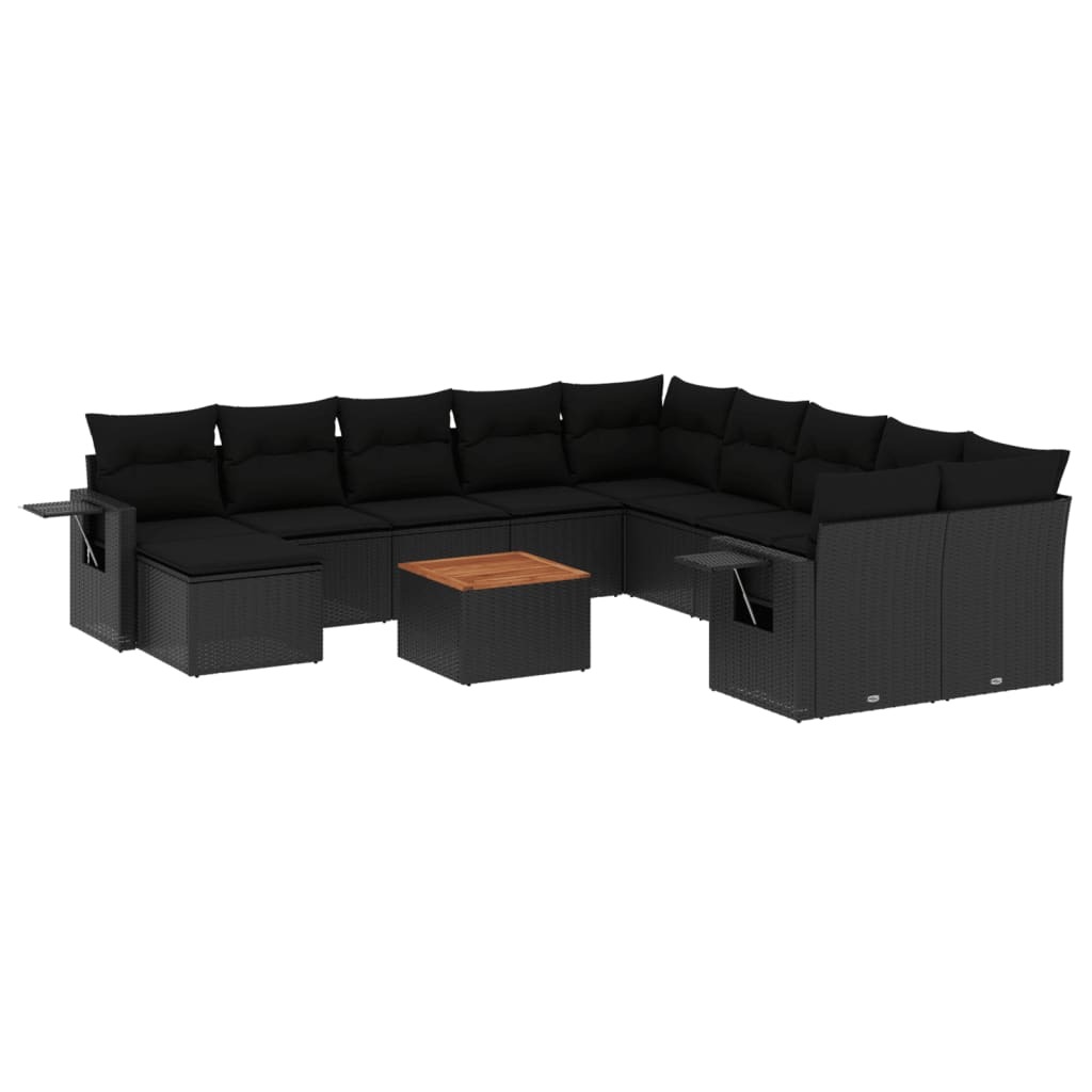 Modulare Garten-Sofagarnitur, 12-teilig, mit abnehmbaren Kissen, aus schwarzem PE-Rattan und Akazienholz, UV-beständig