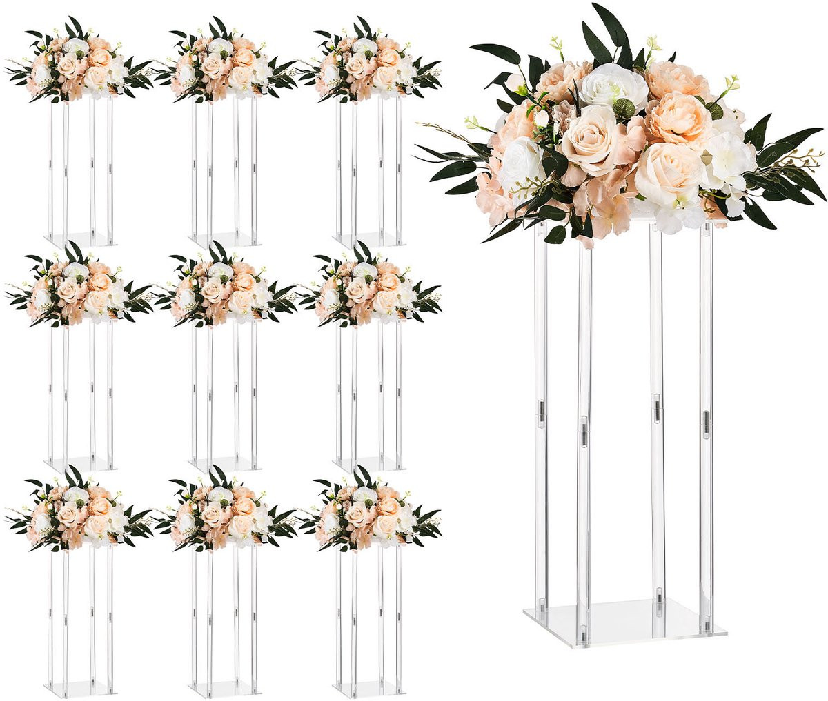 Set van 10 bloemstandaards voor bruiloften en evenementen met acryl panelen, cilindrische en kubische bloemdragers, 50 cm hoog