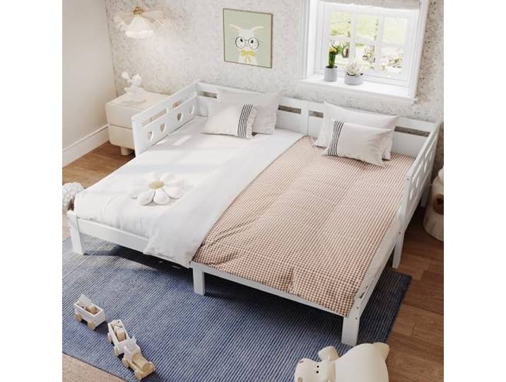 Merax Tagesbett Kinderbett 90x200 cm, Funktionsbett Gästebett aus Massivholz, Holzbett mit Lattenrost & Rausfallschutz, Ausziehbett Einzel und Doppelbett, für Mädchen, Herzform Dekoration, Weiß