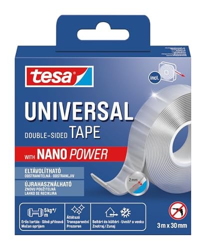 tesa Universele nano-tape, transparant, dubbelzijdig plakband, herbruikbaar en weerbestendig, 3 m x 30 mm