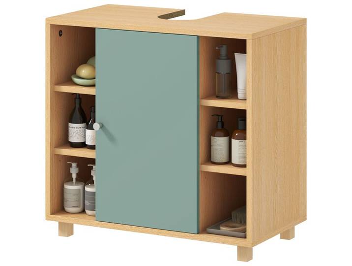 LIA Meuble sous lavabo 6 étagères ouvertes porte fermeture amortie 60x33x57 cm vert