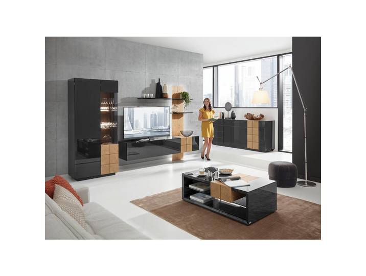 Ambiente Wohnwand Quadra, Eichefarben, Dunkelgrau, Holz, Eiche, furniert, 325x190x52 cm, Holzmöbel, Wohnwände Holz, Wohnwände Holz