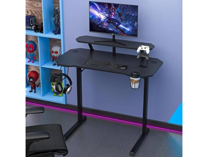 VIVOLILV Bureau Gamer - Fibre de Carbone PVC - Avec Support d'écran et étagère - 100x55x75 cm - Noir