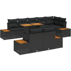 vidaXL 9-teiliges Gartentischset mit Kissen in Schwarz aus Poly Rattan und Akazie