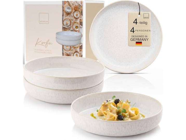Sänger Korfu Pastateller Set 4 Personen, tiefe Teller aus Steingut, Beige