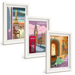 BILDER SET 3er Set - 20x30 cm Weißer Rahmen - Ansichten Paris London Retro