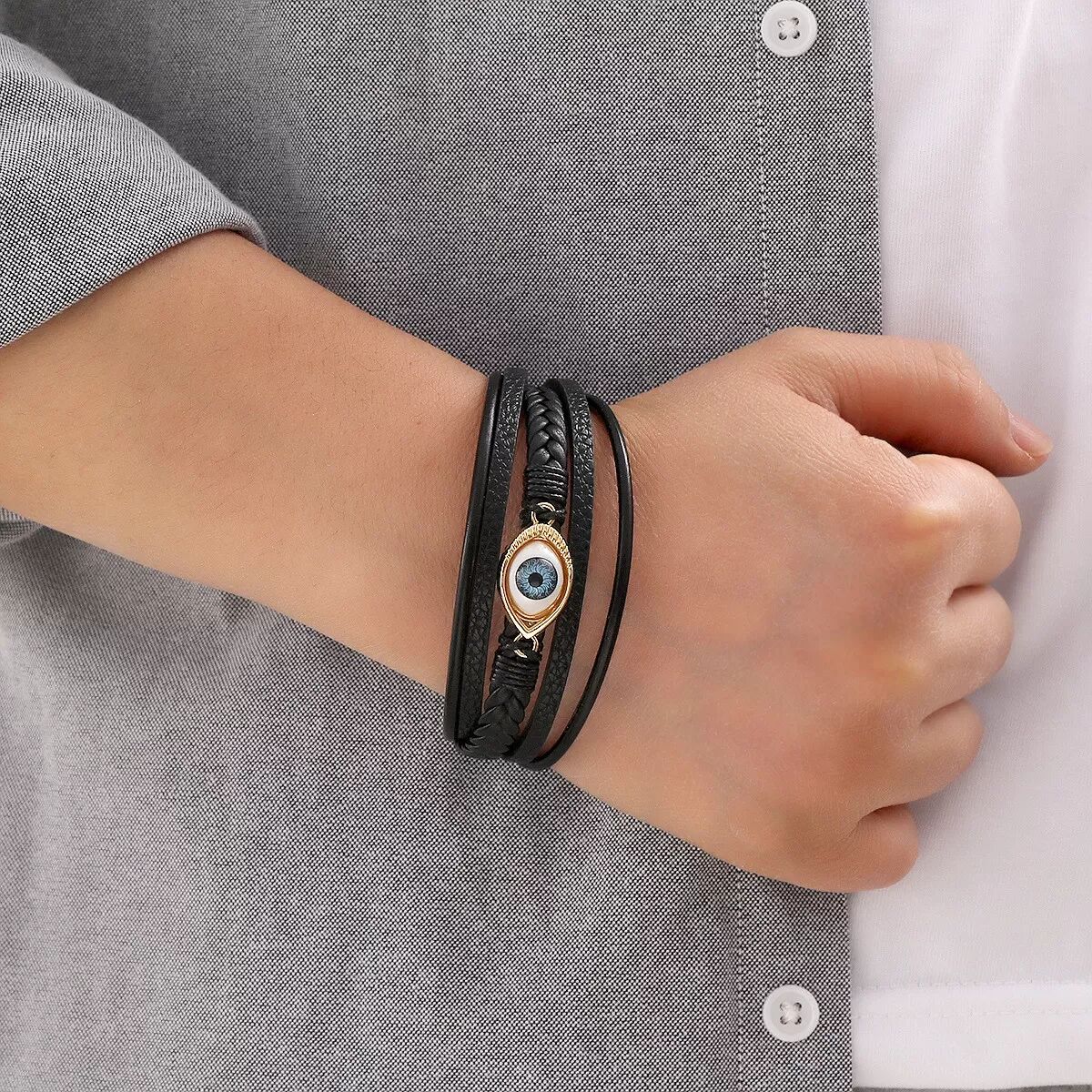 INF Handgefertigtes geflochtenes Lederarmband für Männer - Schwarz