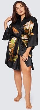 KIM + ONO Plus Size Washable Silk Peony & Butterfly Kimono Robe - Short - black (final sale) / plus size