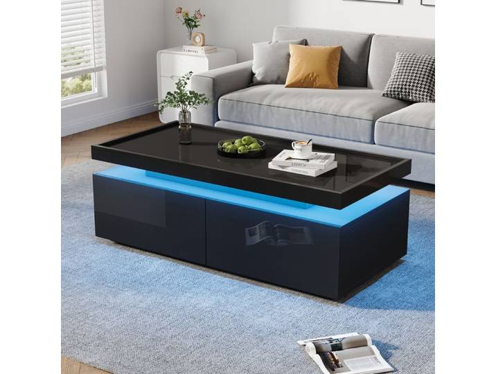 Table basse haute brillance 95x45x35 cm - Avec LED - Avec 2 tiroirs - Panneaux de particules - Noir