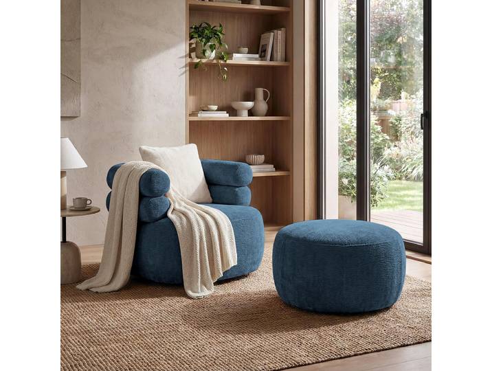 Drehsessel-Set NANO Blau – Drehsessel 360° mit runder Form mit Hocker, Relaxsessel, Lesesessel, Sitzhocker, Fußhocker und Zierkissen