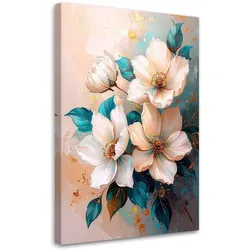 LEINWANDBILD, Helle Blumen mit türkisfarbenen Akzenten in einer pastellfarbenen Komposition