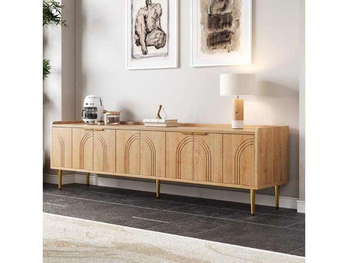Meuble TV Bas Buffet avec Portes sculptées et poignées dorées Design Moderne et élégant Effet Bois Foncé 170x35x47 5cm