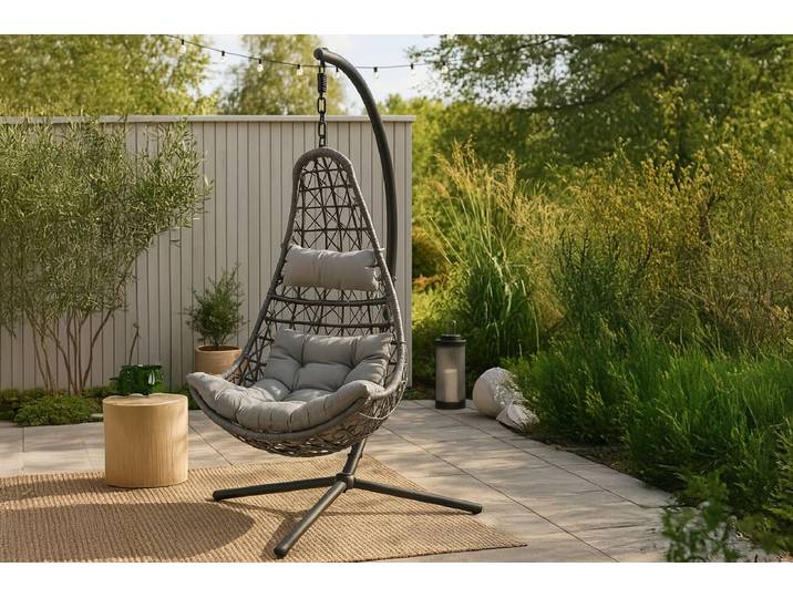 Hängesessel Brittany - aus Rattan-Metall in Schwarz, Grau - Grau - Luxusbetten24