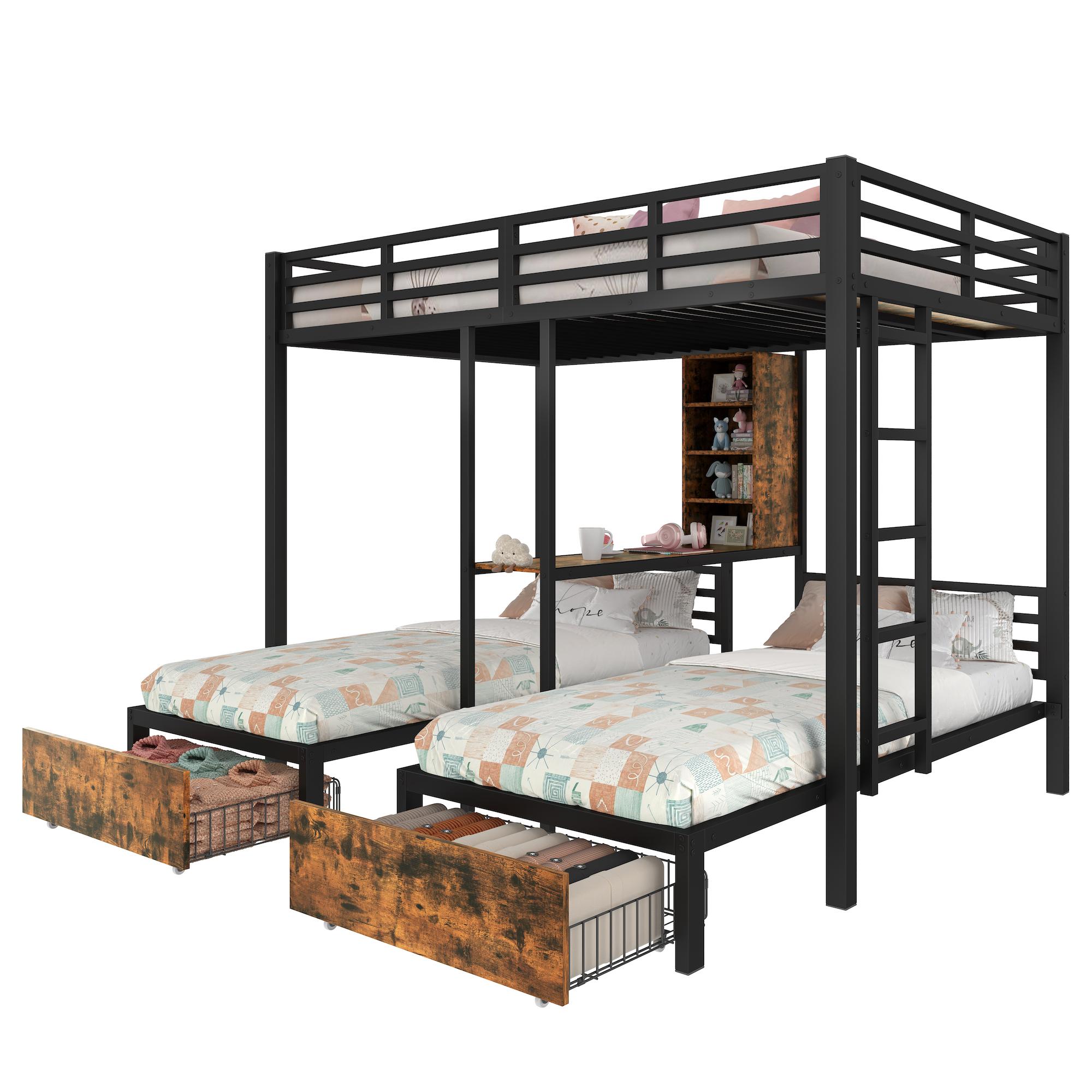Etagenbett mit 3 Schlafgelegenheiten, 90x200cm/140x200cm, Schubladen, Regal, Beistelltisch, Metallbett mit Lattenrost und Rausfallschutz