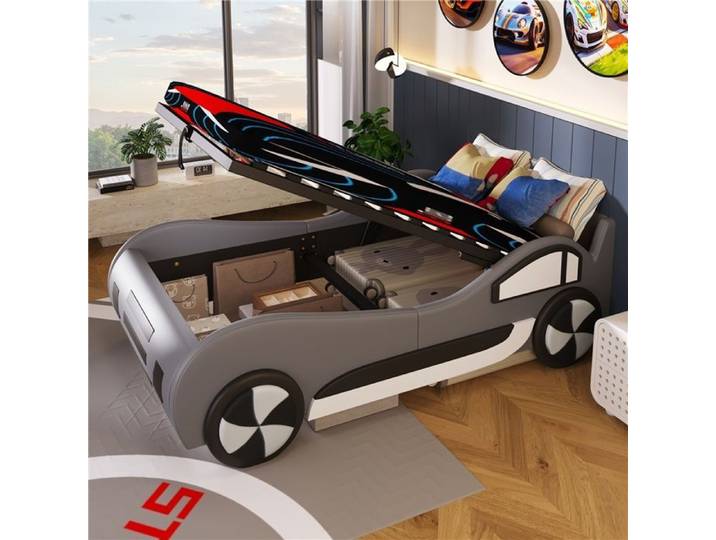 Lit Voiture 90x200 Gris avec Coffre Hydraulique Tête de Lit Style Cockpit Rangement Sous Lit Intégré Pour Passionné d'Auto