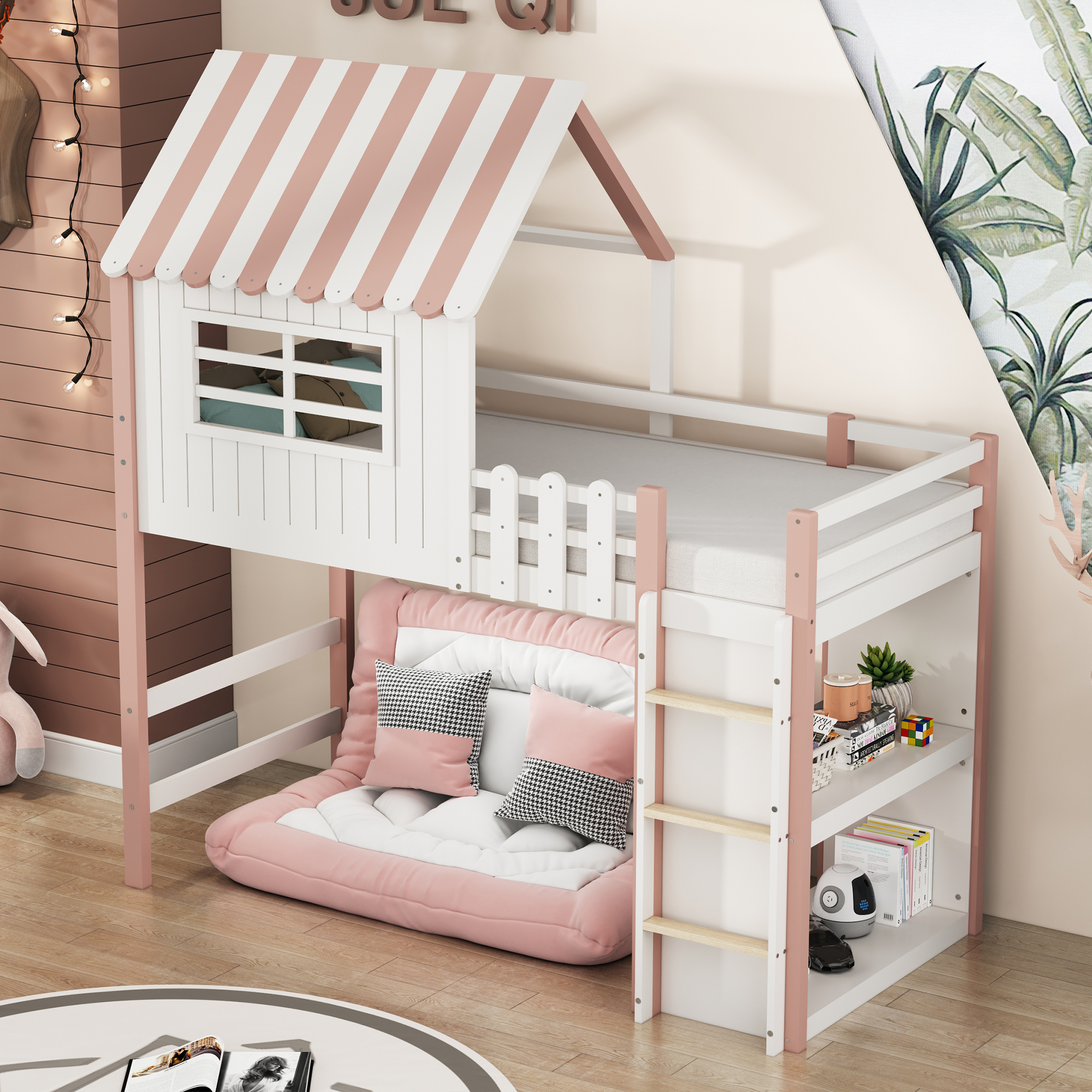 Sweiko Kinderbett 90x200 cm hoch und niedrig Bett für Jungen und Mädchen Heimbett Dachform mit Sicherheitsleiter mit Ablagefach Multifunktionsbett Massivholzbett mit Lattenrost Rosa