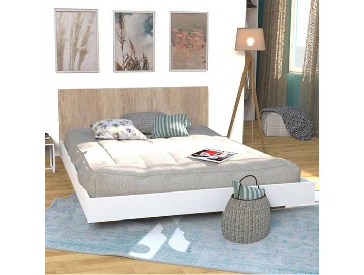 Lit LOFT 140x190 + 1 sommier + tête de lit / Décor Blanc & chêne blanchi