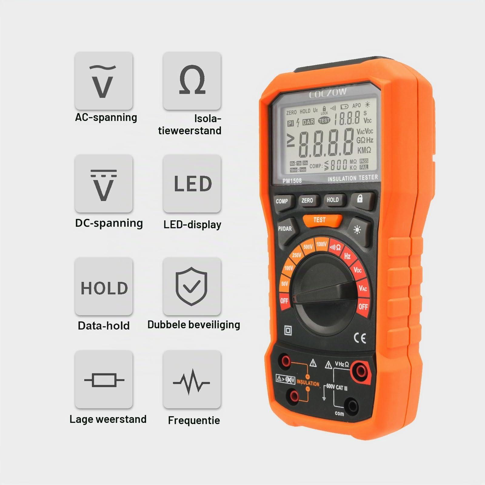 Dripio Isolatieweerstandsmeter 1000V 100 GΩ met PI/DAR en LCD-display